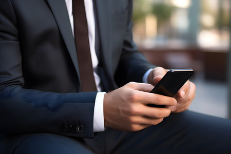 Businessman using mobile smartphone. Generative AI.の素材