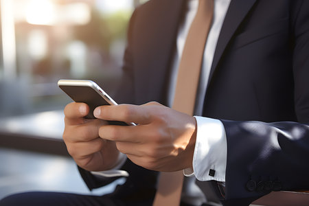 Businessman using mobile smartphone. Generative AI.の素材