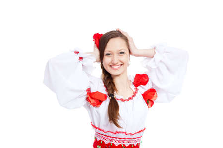 beautiful girl in ukrainian polish national traditional clothesの写真素材