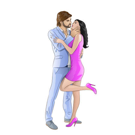 love couple romantic kissing date, fashion men wear blue suit and woman sexy pink dress high heel shoesのイラスト素材