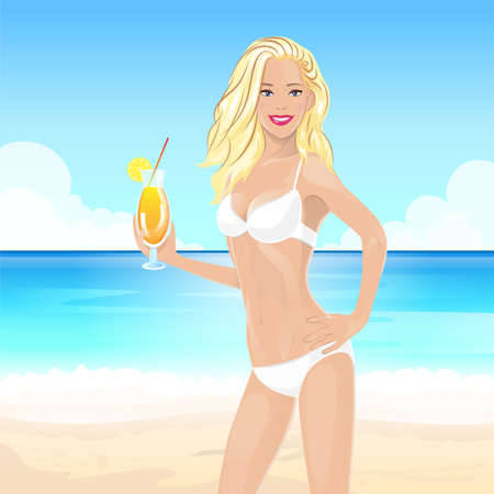 woman on summer beach with cocktail, blonde sexy girlのイラスト素材