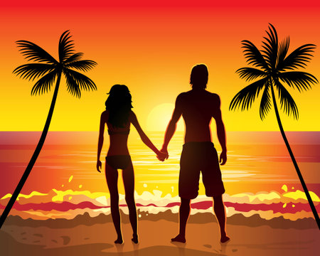 Romantic couple holding hands on beach sunsetのイラスト素材