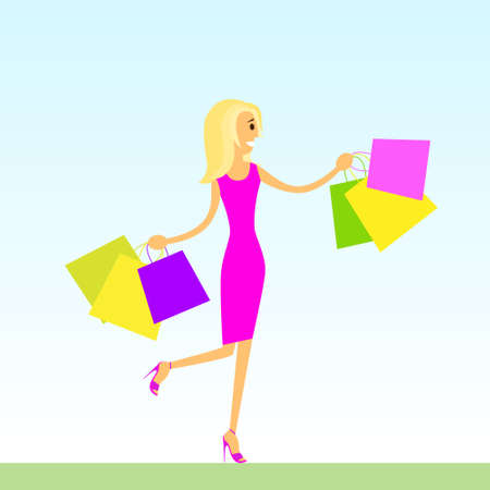 woman shopping bags walking over blue vector illustrationのイラスト素材