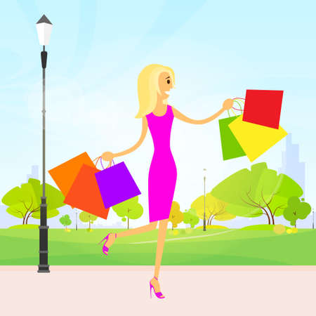 woman shopping bags walking park outdoor vector illustrationのイラスト素材
