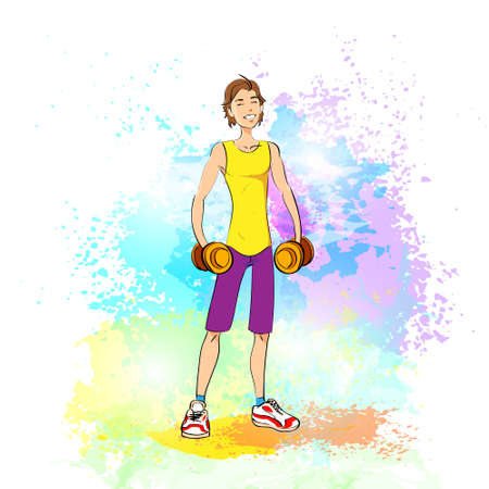 Sport man hold dumbbells fitness trainer, over colorful paint splash backgroundのイラスト素材