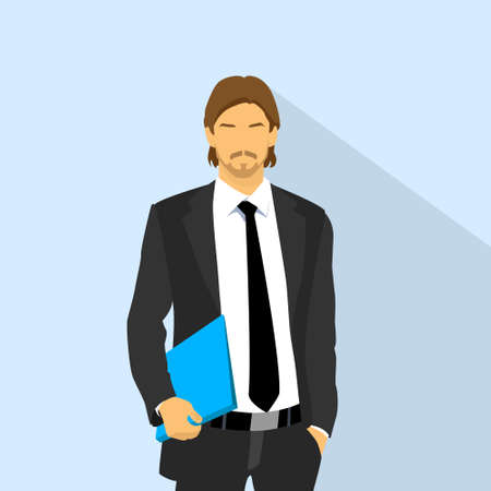 Businessman wear elegant fashion suit hold blue folder, business man flat icon