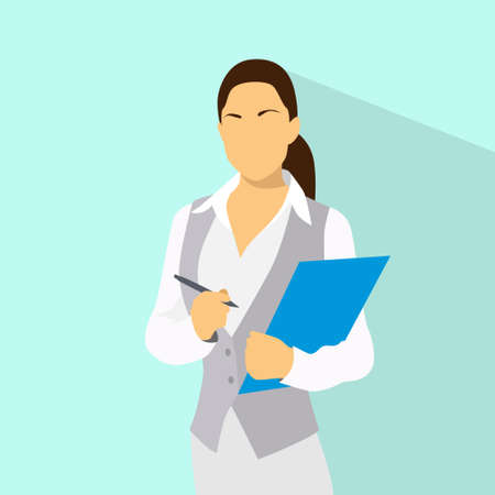 Businesswoman with document clipboard and pen wear vest flat iconのイラスト素材