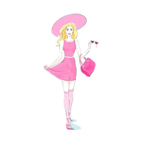 fashion woman pink sexy dress, hat stocking isolated whiteのイラスト素材