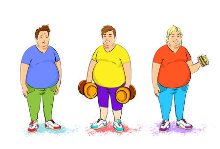 fat overweight three man set with dumbbell and fast food burger isolated over white backgroundのイラスト素材