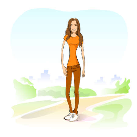 young student girl casual outdoor green grass standing on roadのイラスト素材