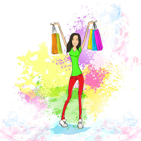shopping woman with bags over colorful splash, casual girlのイラスト素材