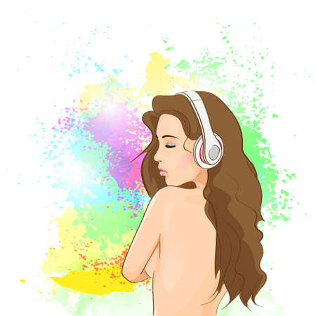 woman headphones listen to music over paint splashのイラスト素材
