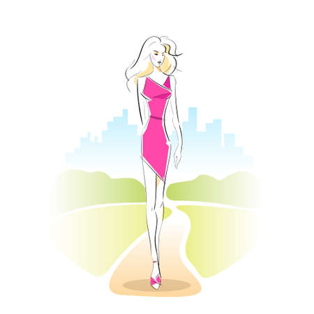 fashion woman sketch pink dress outdoor vectorのイラスト素材
