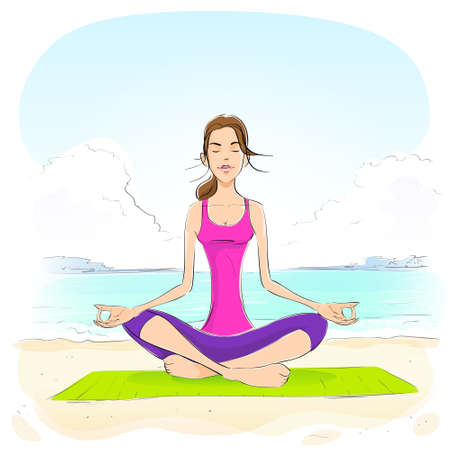 woman sitting in yoga lotus position closed eyes relaxing doing exercisesのイラスト素材