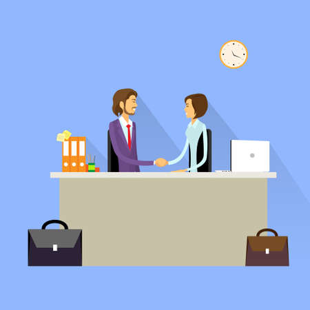 Business people handshake meeting signing agreement, businessman and businesswoman hand shake sitting at desk workのイラスト素材