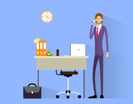 business man cell phone call at desk in office working flatのイラスト素材