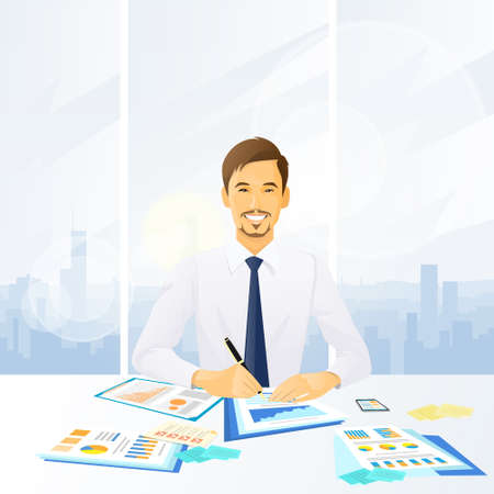 businessman working with documents sitting at officeのイラスト素材