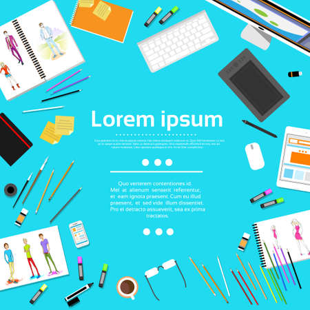 Fashion Designer Creative Workplace Desk with Copy Space Models Photograph Flat Designのイラスト素材