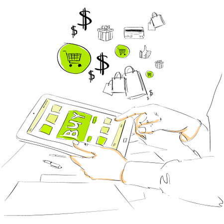 sketch tablet computer buy button touch finger on line storeのイラスト素材