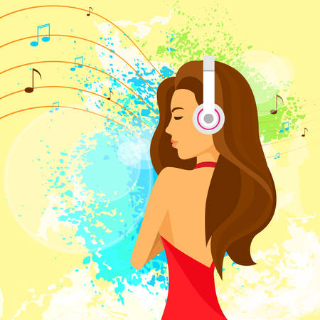 woman headphones listen to music, red dress over paint splash backgroundのイラスト素材