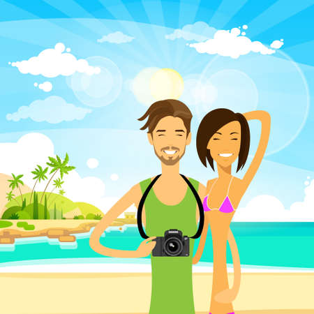 Couple summer travel vacation sea ocean beach man and woman tourist with photo cameraのイラスト素材