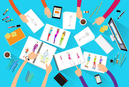fashion designer creative team looking models photograph flat design top angle viewのイラスト素材