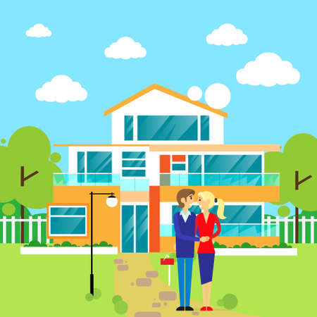 couple embracing in front of new big modern house, dreamのイラスト素材