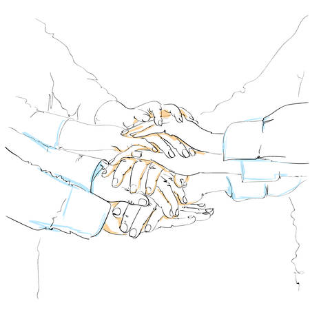 business people sketch team pile of hands