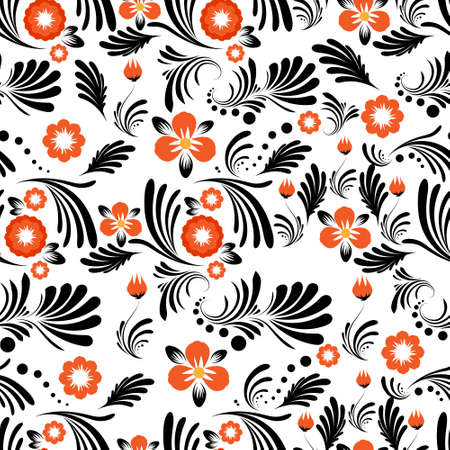 Seamless red and black flowers leaves floral patternのイラスト素材