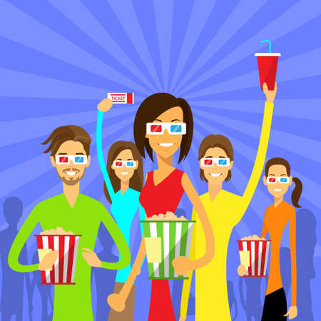 People Group Watching Movie in Cinema 3d Glassesのイラスト素材