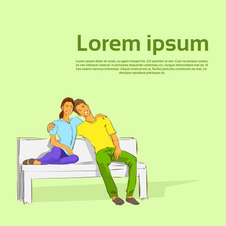 Couple Sitting on Bench, Embracing Smile Dream Flatのイラスト素材