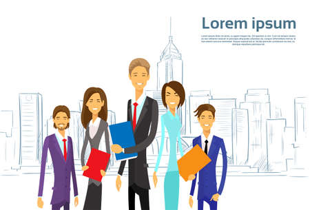 Business People Group Executives Team Cartoon over Sketch City Skyscraper Vector Illustrationのイラスト素材