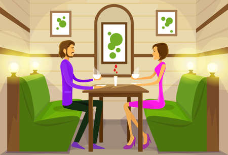 Couple Sitting Cafe Table Drink Coffee Romantic Love Datingのイラスト素材