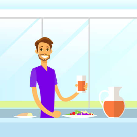 Man Drink Juice Sitting at Kitchen Morning Having Breakfastのイラスト素材
