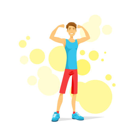 Sport Man Show Bicep Muscles Fitness Trainer, Athletic Bodybuilder Over Colorful Background, Vector Illustrationのイラスト素材