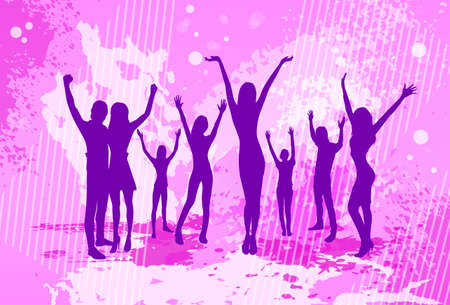Dancing Pink Colorful Dance Banner People Crowd Silhouettes Hold Hands Up Vector illustrationのイラスト素材