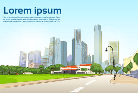 Road to Modern City View Skyscraper Cityscape Background with Copy Space Vector Illustrationのイラスト素材