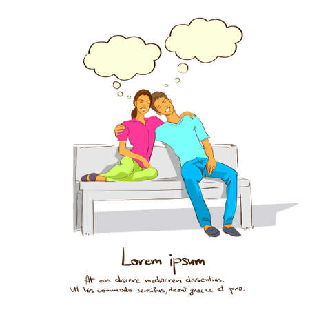 Couple Sitting on Bench Dream Coud With Copy Spaceのイラスト素材