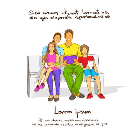 Family With Two Kids Sitting on Bench, Holding Tablet Computerのイラスト素材