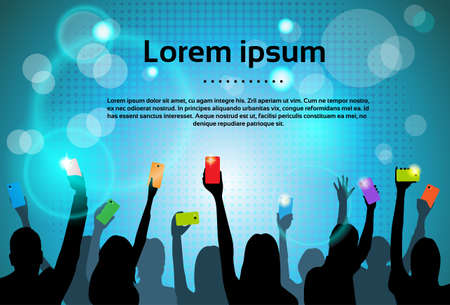 People Hands Silhouettes with Smart Phone Camera Taking Picture Crowd Vector Illustrationのイラスト素材