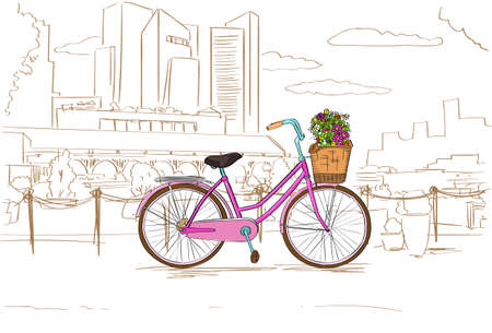 Pink Retro Bicycle with Flowers over City Sketch Vectorのイラスト素材