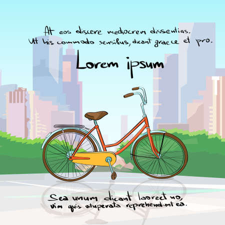 Pink Retro Bicycle with Flowers over City Sketch Vectorのイラスト素材