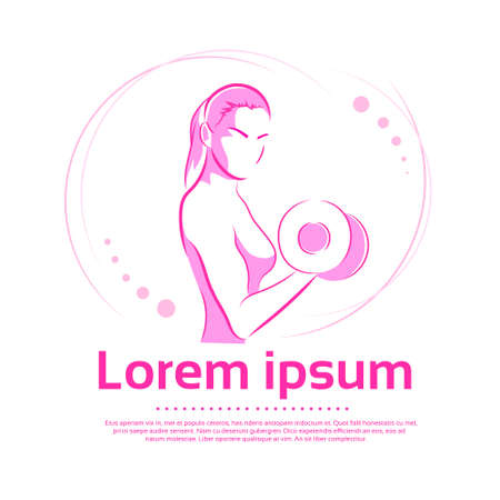 Woman Hold Dumbbell Biceps Logo Color Pink Sport Icon Gym Muscle Exercise Vector Illustrationのイラスト素材