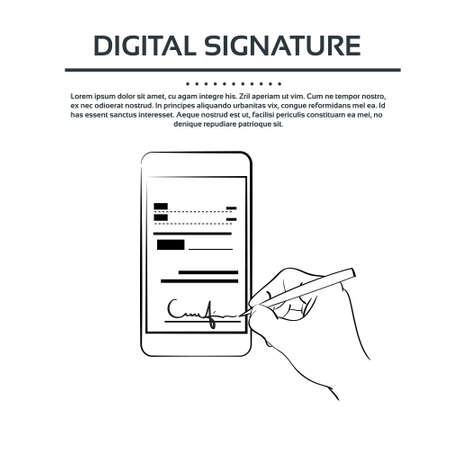 Digital Signature Smart Cell Phone Businessman Black Hands Silhouette Signのイラスト素材