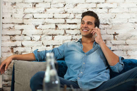 Man Phone Call Smile, Communication Sitting at Cafe