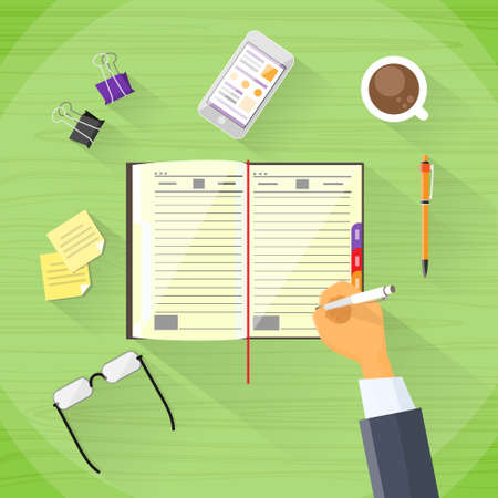 Businessman Hand Write Pen Notebook Desk Flatのイラスト素材