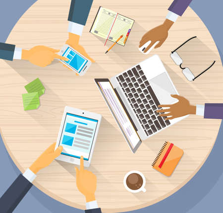 Business Hands Tablet Laptop Phone Digital Devise People Working Internetのイラスト素材