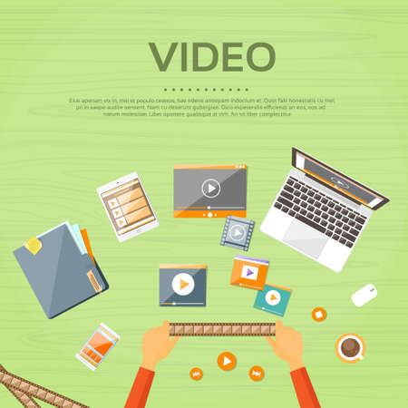 Video Editor Workplace Hands Laptop Player Flatのイラスト素材