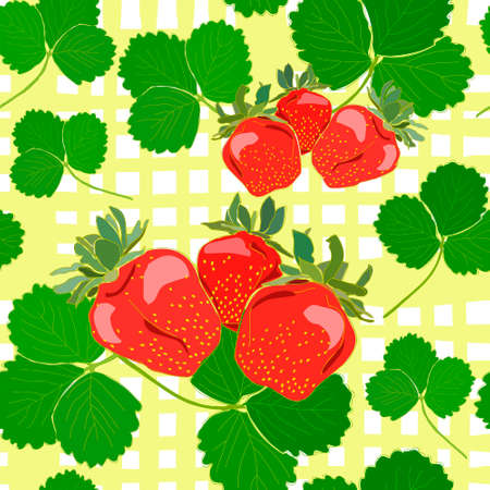 Strawberry Red Fruit Berry Colorful Seamless Pattern Yellow Cell Background Vector Illustrationのイラスト素材