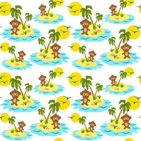 Palm Tree Monkey Tropical Island Seamless Pattern Vector Illustrationのイラスト素材